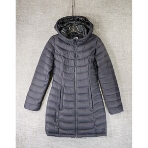 The North Face Long Down Puffer Jacket 550 Womens XS Gray Hooded Coat Parka